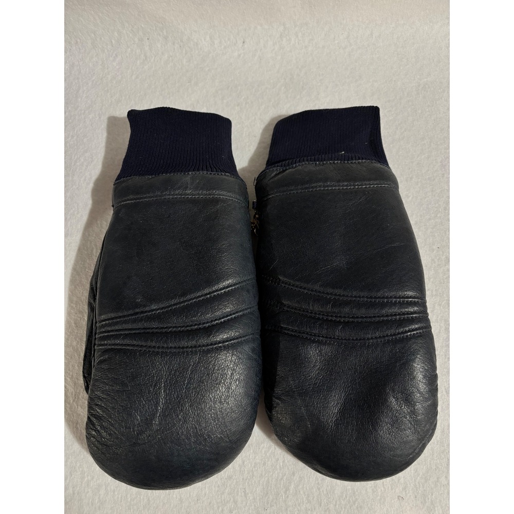Grandoe Mens Navy Blue Leather Mittens Ribbed Knit Cuff Winter Gloves Large